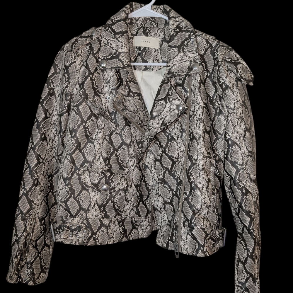 Blank NYC Python-Print Leather Moto Jacket in Black and Cream